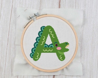 A is for Alligator - Cross Stitch Pattern Instant Download, Baby Shower Gift, Zoo Animal Alphabet Cross Stitch, Alligator Cross Stitch