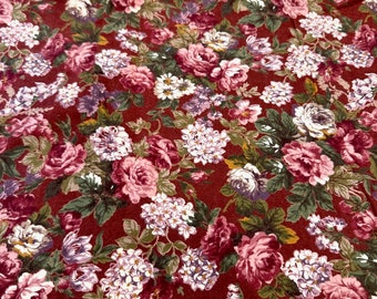 1.33 Yards Kaufman Burgundy Mauve Cream Floral Heavy Cotton Flannel Fabric