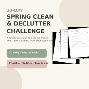 Peut inclure: Un document de défi de nettoyage et de désencombrement de printemps sur 30 jours avec un plan quotidien. Ce guide imprimable, non daté et facile à utiliser comprend 30 tâches quotidiennes. Le design présente du texte vert foncé sur fond crème avec des boutons rectangulaires vert sauge et rose poudré.