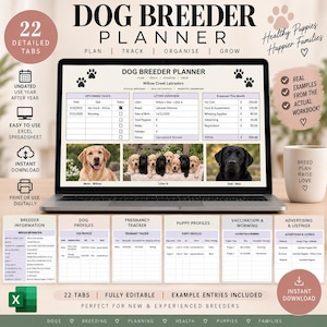 Puede incluir: Un planificador digital para criadores de perros en una pantalla de portátil, con secciones para tareas, resumen de camadas y gastos. Incluye fotos de Labradores y páginas imprimibles para información del criador, perfiles de cachorros y registros de vacunación.