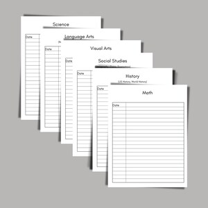 Puede incluir: Un conjunto de seis p&aacute;ginas de libro de calificaciones imprimibles en blanco para diferentes materias: Ciencias, Artes del Lenguaje, Artes Visuales, Estudios Sociales, Historia y Matem&aacute;ticas. Cada p&aacute;gina tiene un encabezado con el nombre de la materia y un espacio para la fecha.