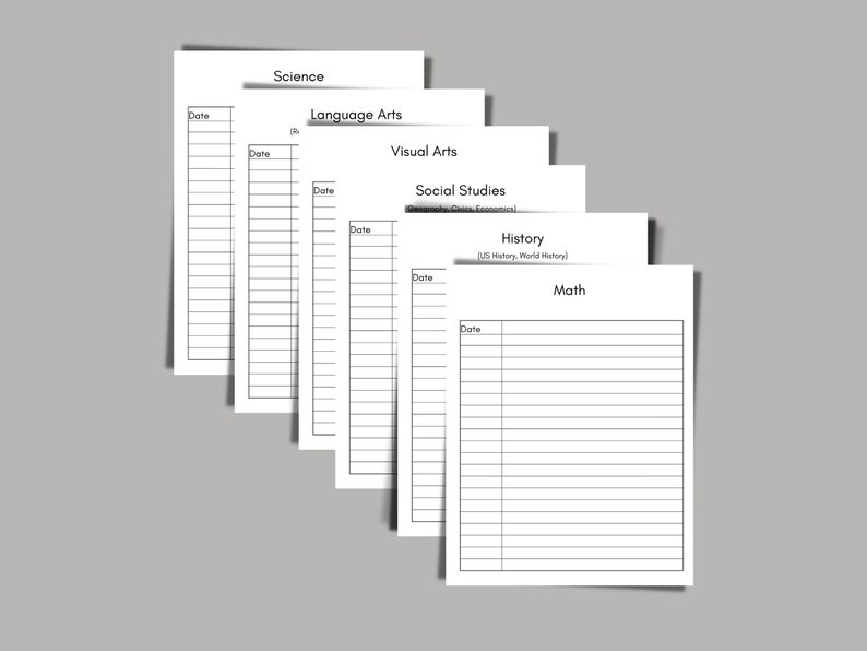 Puede incluir: Un conjunto de seis p&aacute;ginas de libro de calificaciones imprimibles en blanco para diferentes materias: Ciencias, Artes del Lenguaje, Artes Visuales, Estudios Sociales, Historia y Matem&aacute;ticas. Cada p&aacute;gina tiene un encabezado con el nombre de la materia y un espacio para la fecha.