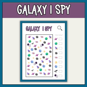May include: A printable galaxy I spy game with a magnifying glass icon. The game features a grid of space-themed images, including planets, stars, rockets, and a telescope. There are blank boxes to count the number of each image.