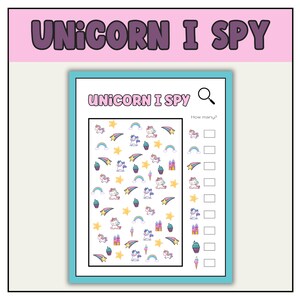 Puede incluir: Un juego de buscar y encontrar de unicornios imprimible con fondo azul y borde blanco. El juego presenta una cuadrícula de imágenes coloridas de unicornios, arcoíris, estrellas, cupcakes y castillos. El texto "¿Cuántos?" está impreso junto a una cuadrícula en blanco para contar.