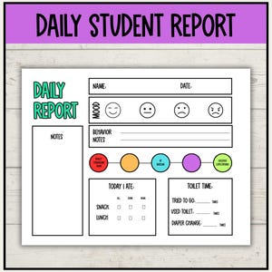 Può includere: Un modulo di rapporto giornaliero per studenti stampabile in bianco e nero con sezioni per nome, data, umore, note sul comportamento, cosa ho mangiato oggi e l'ora del bagno. Il modulo include una scala dell'umore con quattro emoji: felice, neutro, triste e arrabbiato. Il modulo include anche una sezione per le note.