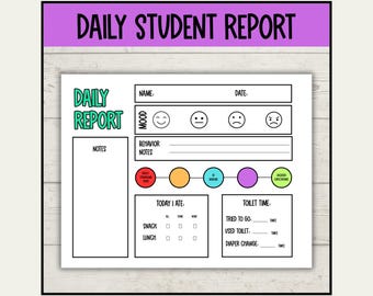 May include: A black and white printable daily student report form with sections for name, date, mood, behavior notes, today I ate, and toilet time. The form includes a mood scale with four emojis: happy, neutral, sad, and angry. The form also includes a section for notes.