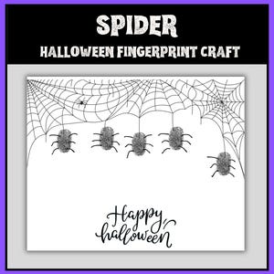 Pode incluir: Uma atividade de artesanato imprimível em preto e branco para crianças com uma teia de aranha com cinco aranhas penduradas nela. O texto "Happy Halloween" está escrito na parte inferior da página.