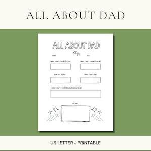 All About Dad Printable | Father's Day Gift | Gift from Kid | Preschool Class Activity | Dad Questionaire | Parents Day Activity