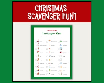 May include: A printable Christmas scavenger hunt checklist with a green border. The checklist includes a variety of Christmas-themed items, such as Santa, a wreath, a gingerbread man, a snowman, and a Christmas tree.