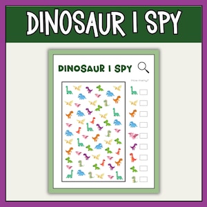 Puede incluir: Un juego de búsqueda de imágenes imprimible sobre dinosaurios con un icono de lupa. El juego presenta una cuadrícula de dinosaurios coloridos para contar. El texto "¿Cuántos?" se imprime junto a un espacio en blanco para la respuesta.
