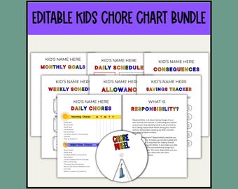 May include: A printable chore chart bundle for kids, featuring colorful headings like "Monthly Goals", "Daily Schedule", "Consequences", "Weekly Schedule", "Allowance", "Savings Tracker", and "Daily Chores". The bundle also includes a "What is Responsibility?" page and a chore wheel.