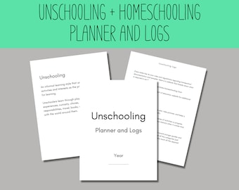 Może przedstawiać: Drukowany planer i dziennik do nauki w domu i edukacji domowej. Tekst na stronie brzmi "Unschooling Planner and Logs" i "Year".