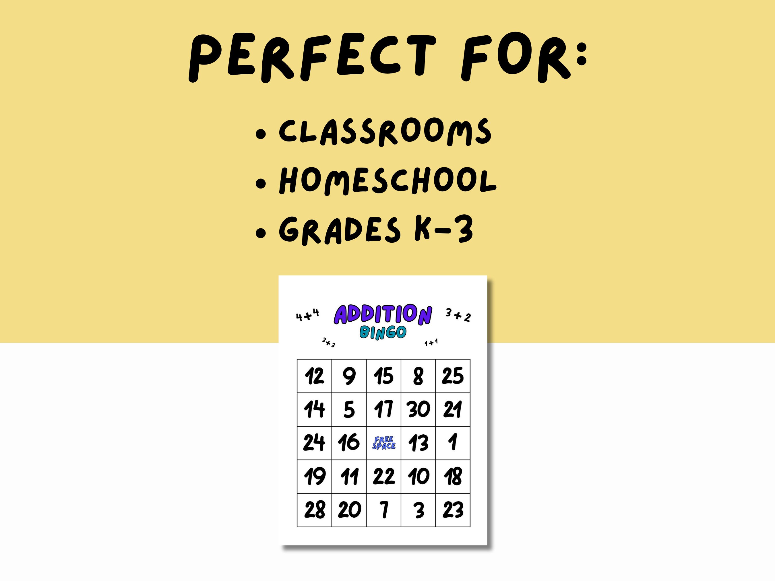Printable Addition Bingo Game for Kids K-3 | Homeschool Resource | Math ...