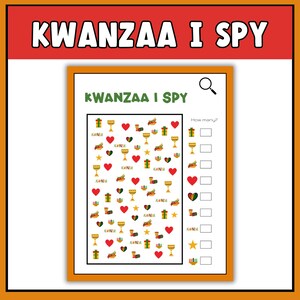 May include: A Kwanzaa I Spy printable activity sheet with a grid of colorful Kwanzaa symbols, including a red heart, a gold star, a green and black flag, a yellow candle, and a gift box. The sheet includes a list of symbols and blank spaces to count how many of each symbol are in the grid.