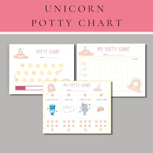 Puede incluir: Tres tablas de entrenamiento para ir al baño imprimibles con un unicornio, un arcoíris y estrellas. Las tablas incluyen una tabla en blanco con espacio para un nombre, una tabla con los días de la semana y una tabla con cuatro iconos para el entrenamiento para ir al baño.