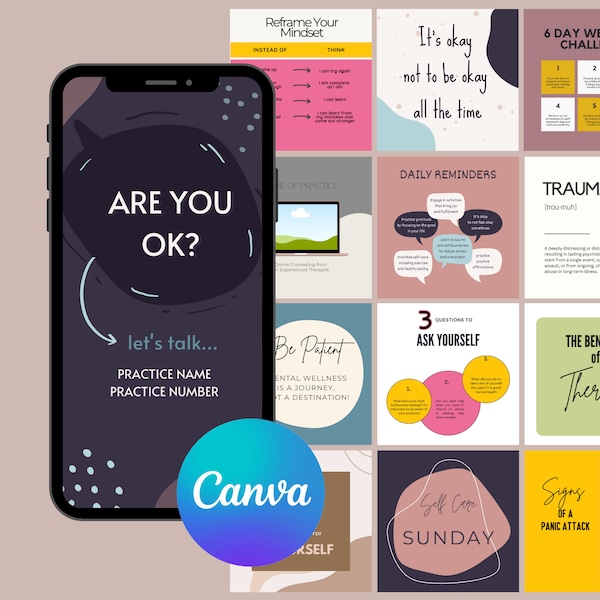 Instagram Bundle for Therapists | 65 Instagram Post Templates | 10 Instagram Story Templates | Mental Health Templates | Editable in Canva