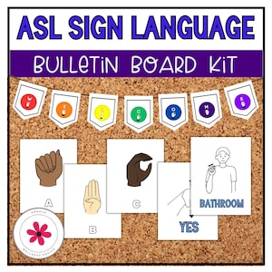 May include: A bulletin board kit for teaching American Sign Language (ASL). The kit includes cards with the letters A, B, C, and the words "Yes" and "Bathroom". Each card features a hand sign illustration. The top of the board has a banner with the letters "WELCOME" in sign language.