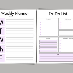 Puede incluir: Un planificador semanal imprimible con una lista de tareas. El planificador tiene una secci&oacute;n para cada d&iacute;a de la semana, de lunes a viernes, y una lista de tareas con secciones para tareas, prioridades principales, recordatorios y un horario para ma&ntilde;ana. El planificador est&aacute; dise&ntilde;ado en blanco y negro con acentos de color morado claro.