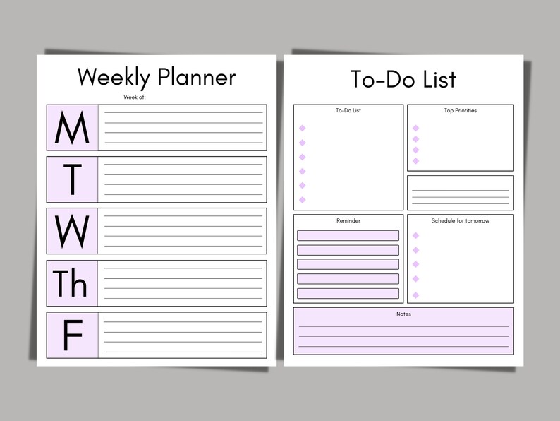 Puede incluir: Un planificador semanal imprimible con una lista de tareas. El planificador tiene una secci&oacute;n para cada d&iacute;a de la semana, de lunes a viernes, y una lista de tareas con secciones para tareas, prioridades principales, recordatorios y un horario para ma&ntilde;ana. El planificador est&aacute; dise&ntilde;ado en blanco y negro con acentos de color morado claro.