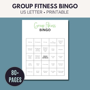 Op de afbeelding: Een printbare bingokaart met een groen en zwart ontwerp. De kaart bevat verschillende fitnessoefeningen, zoals sit-ups, push-ups en squats. De kaart heeft de titel "Group Fitness Bingo".