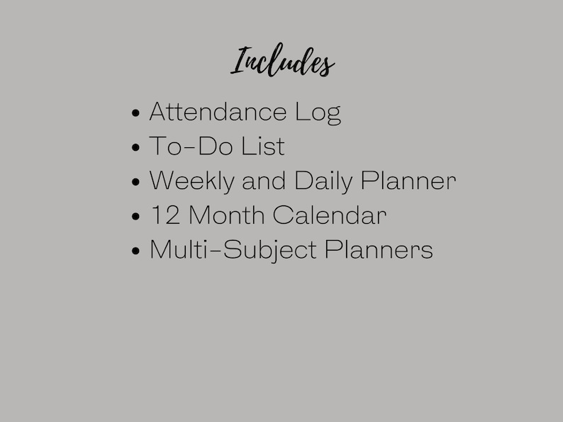 Puede incluir: Una lista de caracter&iacute;sticas incluidas en un planificador, que incluyen un registro de asistencia, una lista de tareas, un planificador semanal y diario, un calendario de 12 meses y planificadores multi-sujetos.