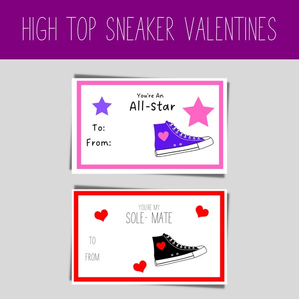 Printable High Top Sneaker Valentine's Cards | Class Valentines | All Stars Valentine | Footwear Valentines | School Valentine Party