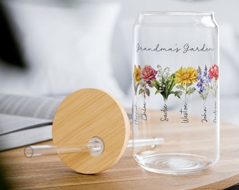 Personalized Grandma's Garden Glass Tumbler Birth Flowers with Kids Name Grandma Gift Mug Family Birth Month Flower Bouquet Personalized