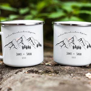 Personalized Engagement Anniversary Bridal Shower Gift, New Couple Camping Mug, Christmas Gift, Unique Favor, Mountain Wedding Elopement Mug