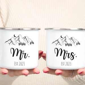 Mr and Mrs Camp Mugs Set, Personalized Wedding Gifts, Mr Mrs Campfire Mugs, Mountains Elopement Gift, Enamel Camping Mugs Set image 1