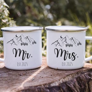 Outdoor Couple Wedding Gift Mr Mrs Camping Mug Set Personalized Wedding Gifts For Mountain Elopement Gift Enamel Camping Mug Couple Campfire