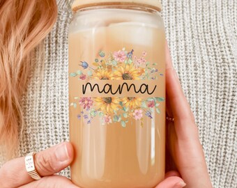 Personalized Mama Gift Glass Tumbler Gift For Mom Custom Glass Wildflower Coffee Gift For Mom Mother's Day New Mom Gift For Birthday Flowers