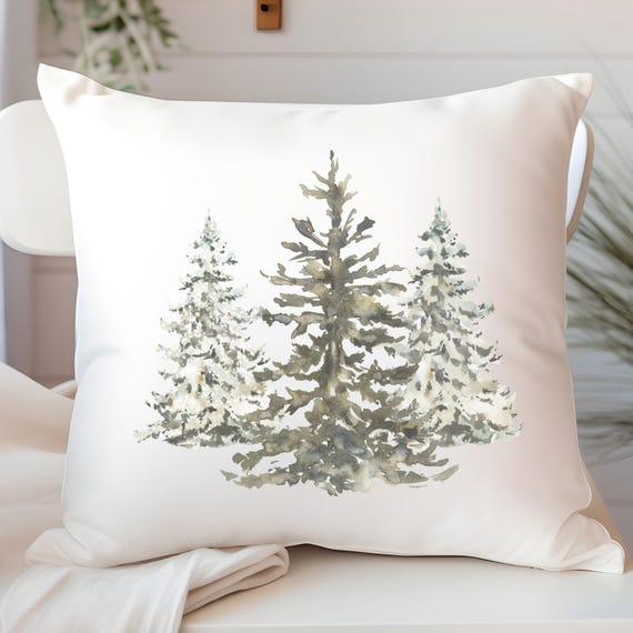 Neutral Winter Throw Pillow Cover Decor For Rustic Cabin Pine Tree Mountain Lodge Pillow Winter Snowy Forest Tree Minimalist Seasonal Decor