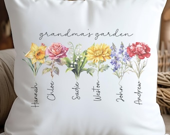 Personalized Birth Flower Lumbar Pillow Special Grandmas Garden Pillow Cover From Grandkids Gift for Nana Mothers Day Gift For Mom From Kids
