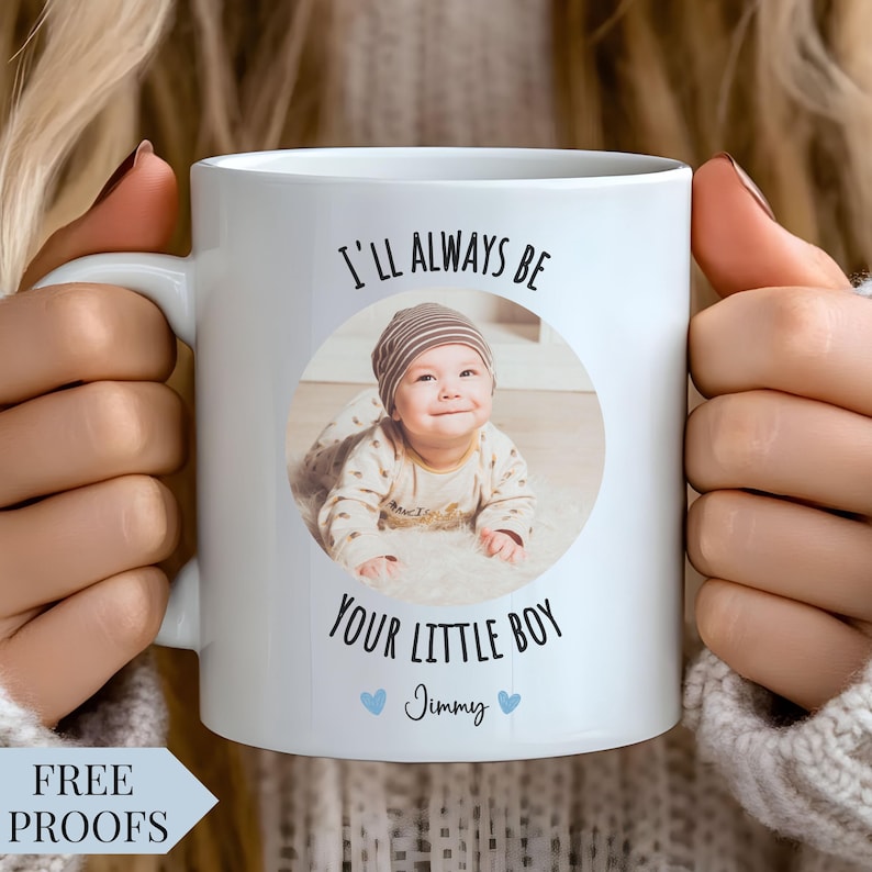 From son to mom personalized mug with photo and name customization. Thoughtful birthday gift idea for moms, perfect keepsake for everyday use.