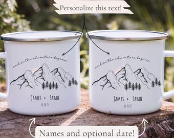 Personalized Engagement Gift For New Couple Bridal Shower Gift For Anniversary Enamel Camp Mugs Gift  Custom Mountain Wedding Elopement Mug