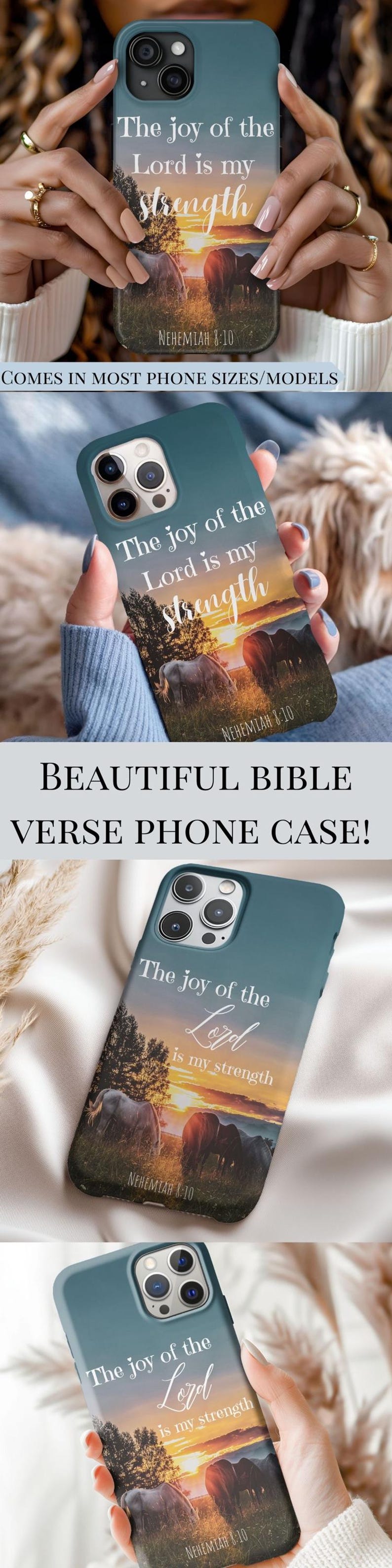 Op de afbeelding: Een tealblauwe telefoonhoes met een zonsondergangsc&egrave;ne en de tekst "The joy of the Lord is my strength" en "Nehemiah 8:10".