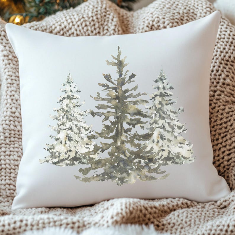 winter woodland pillow cover modern farmhouse style watercolor pine trees decorative throw pillow for couch minimalist forest decor holiday cushion gift for living room bedroom or great room cozy winter accent christmas farmhouse home decor accessory