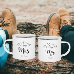 Mr and Mrs Camp Mugs Set, Personalized Wedding Gifts, Mr Mrs Campfire Mugs, Mountains Elopement Gift, Enamel Camping Mugs Set image 2