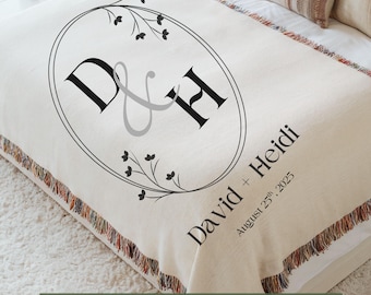 Gift For Bride Groom Wedding Keepsake Personalized Wedding Blanket Custom Monogram Woven Throw 100 Percent Cotton Blanket Couple Name Date