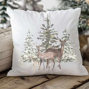 Forest Tree Pillow Cover Winter Pillow Covers 16x16 Cozy Winter Decor Farmhouse Living Room Pillow Winter Pine Trees Deer Scene Lodge Pillow