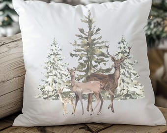 Forest Deer Tree Pillow Cover Winter Pillow Covers 16x16 Cozy Winter Decor Farmhouse Living Room Pillow Winter Pine Trees Deer Scene Lodge