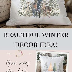 May include: Two white throw pillows featuring a watercolour design of a snowy woodland scene with deer. The pillows are on a white sofa. The text "BUY 2 AND MAKE A SET!" is at the top of the image. The text "BEAUTIFUL WINTER DECOR IDEA!" is in the middle of the image. The text "You may also like..." is at the bottom of the image. There are four smaller images of pillows with different designs below the text.