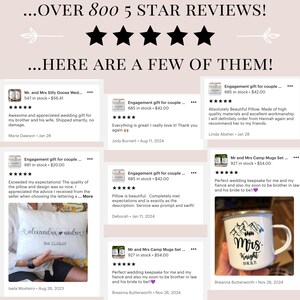 May include: Image showcasing customer reviews with five-star ratings. The reviews highlight wedding gifts, including a personalized pillow with names and a date, and enamel mugs with a mountain design and the text "Mrs. Knight".
