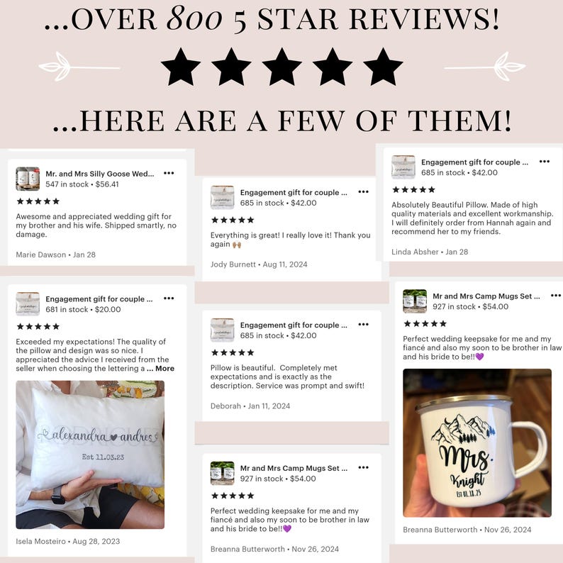 May include: Image showcasing customer reviews with five-star ratings. The reviews highlight wedding gifts, including a personalized pillow with names and a date, and enamel mugs with a mountain design and the text "Mrs. Knight".