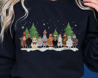 Funny Chicken Christmas Sweatshirt Farmhouse Holiday Sweater Chicken Lover Gift Ugly Xmas Sweater Hen Mom Shirt Winter Farm Animal Top