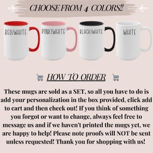 May include: Four white ceramic mugs with different colored interiors and handles: red, pink, black, and white. Text above reads "CHOOSE FROM 4 COLORS!!" and each mug is labeled with its color combination. Below, text explains how to order.