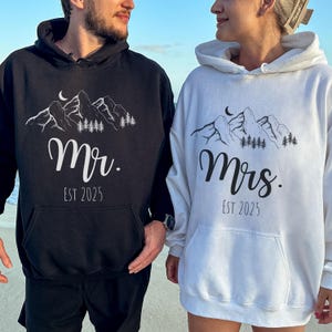 Matching Mr and Mrs Sweatshirts Mountain Honeymoon Hoodies Camping Mountain Wedding Newly Married Longsleeve Let the Adventure Begin Shirts