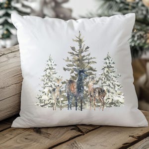 Watercolor Snowy Forest Pillow For Minimalist Winter Home Deer Scene Pillow Cover Woodland Pine Tree Cozy Living Room Decor Modern Farmhouse