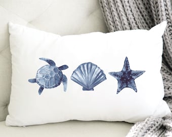 Coastal Boho Decorative Lumbar Pillow For Seaside Living Room Beach House Style Guest Room Décor Surf Inspired Seashells Accent Pillow Cover
