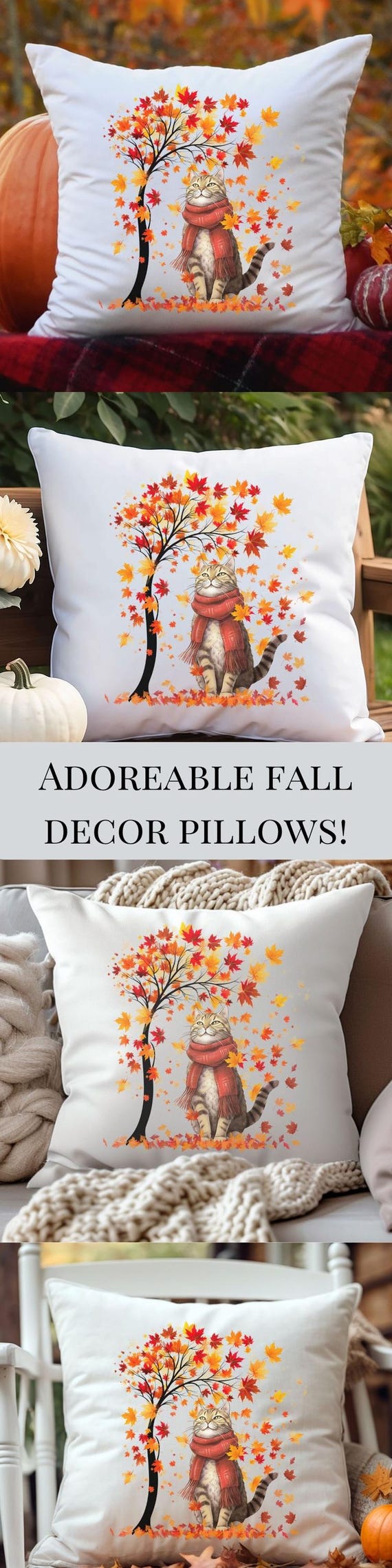 Fall Cat Pumpkin Pillow Cover 12x20 - Autumn Thanksgiving Decor Lumbar Pillow Case